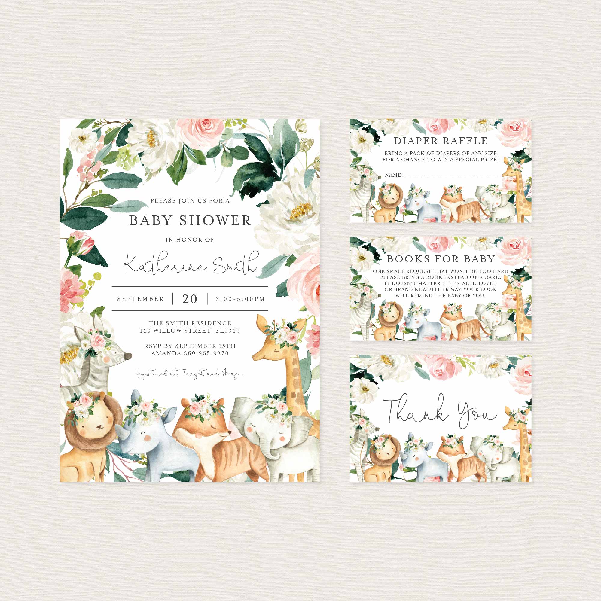 Safari Animals Blush Baby Shower Printables