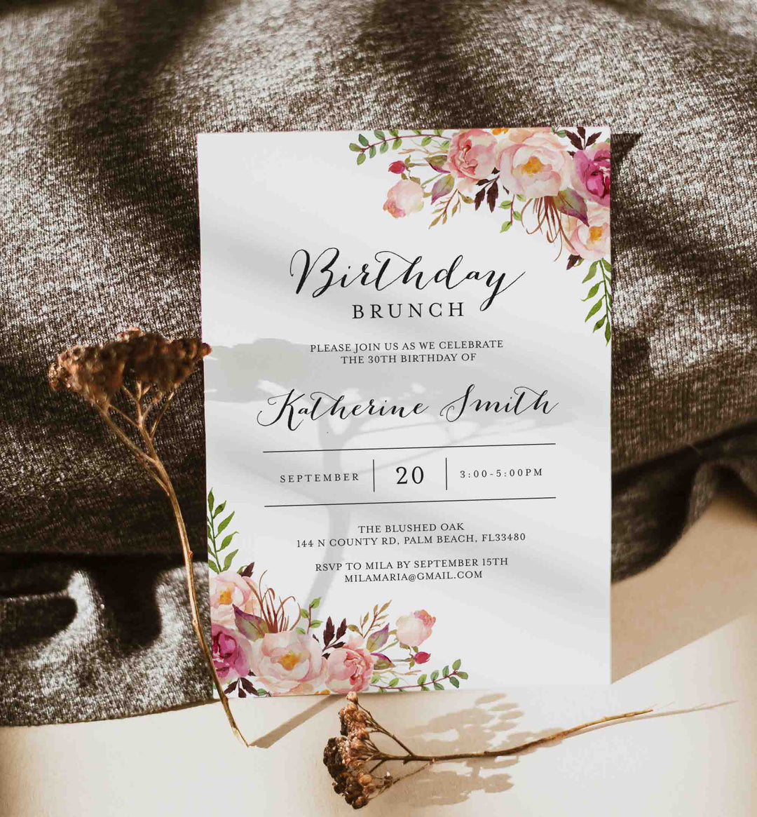 Pink Floral Birthday Brunch Invitation Printable