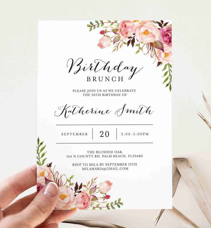 Pink Floral Birthday Brunch Invitation Printable