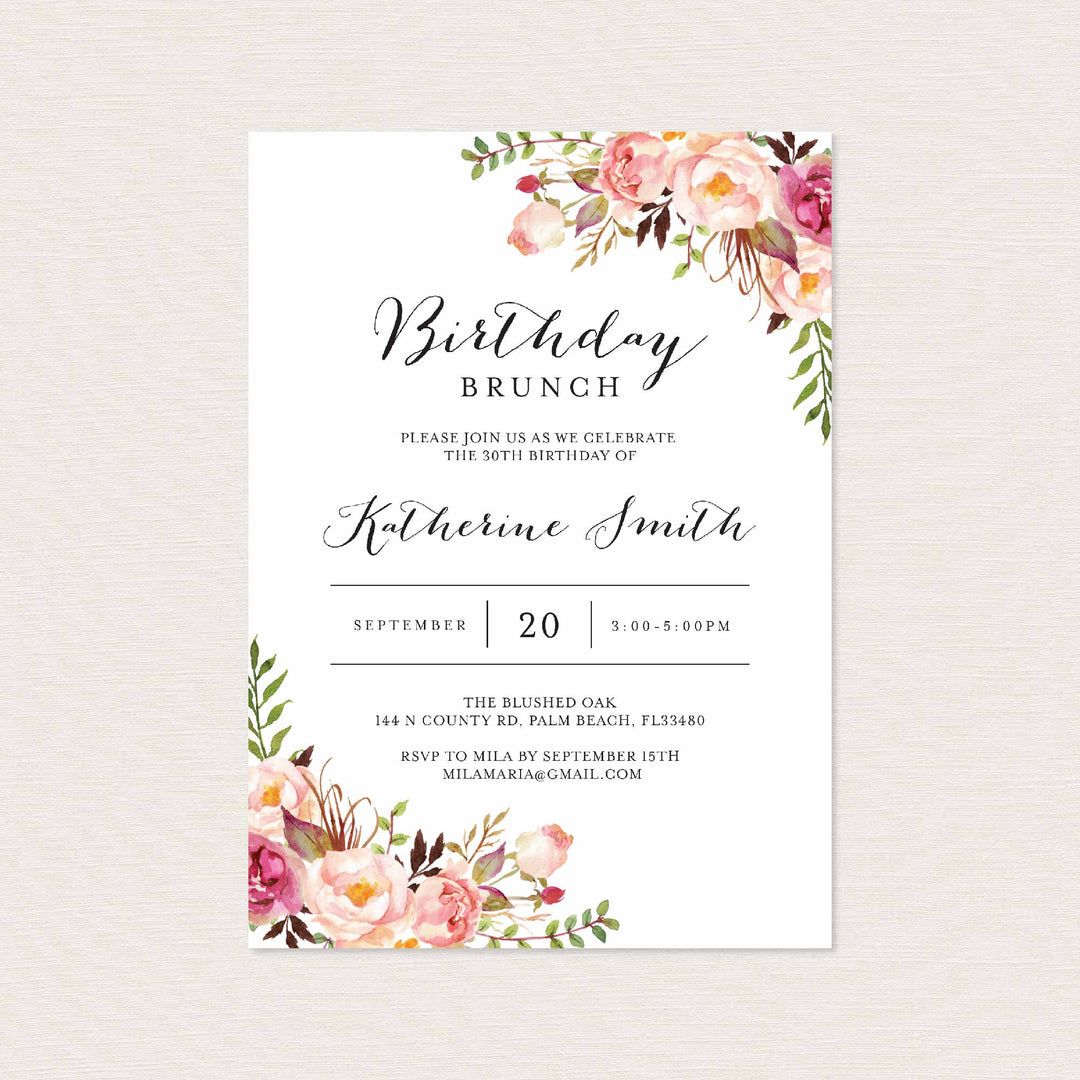 Pink Floral Birthday Brunch Invitation Printable