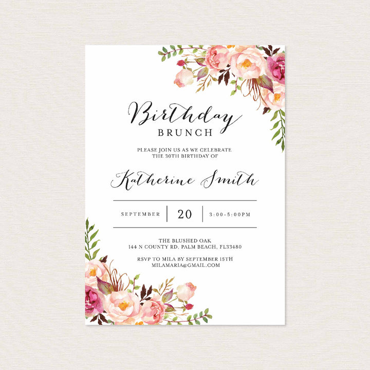 Pink Floral Birthday Brunch Invitation Printable