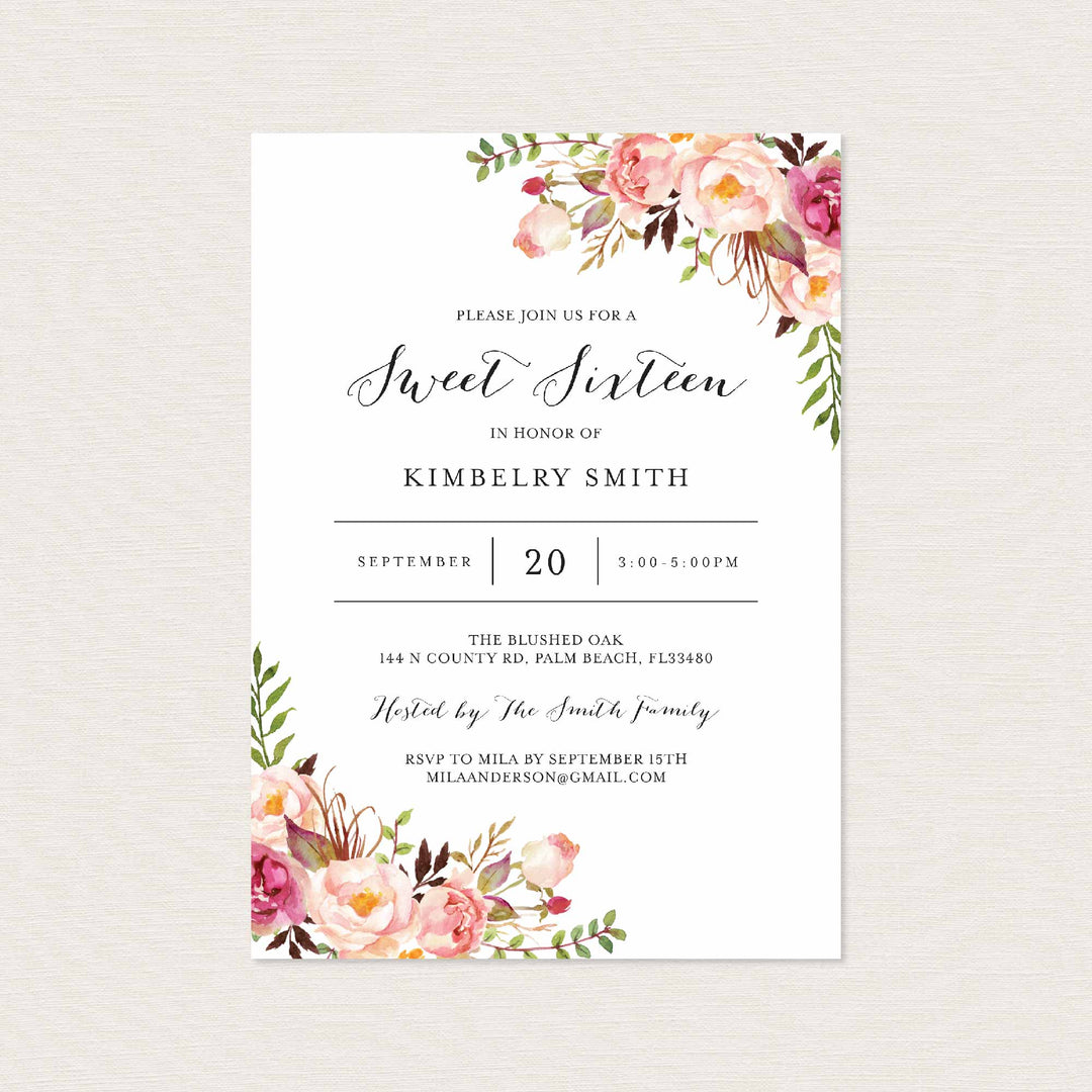 Pink Floral Sweet 16 Birthday Invitation Printable