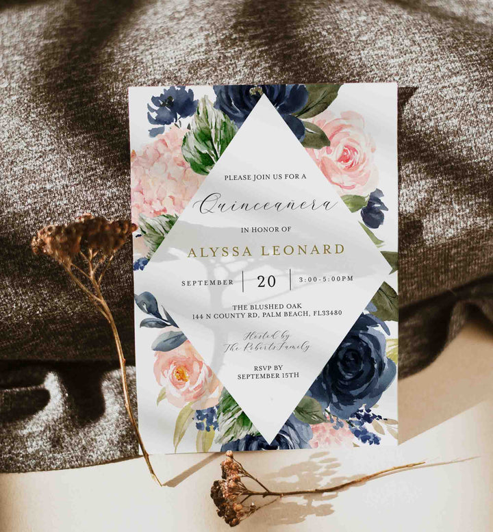 Navy Blush Quinceañera Invitation Printable