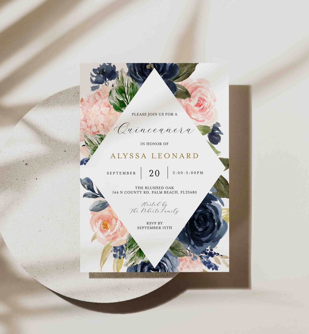 Navy Blush Quinceañera Invitation Printable