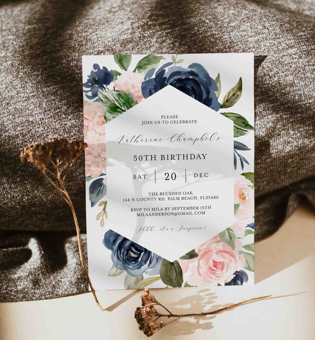 Navy Blush Adult Birthday Invitation Printable