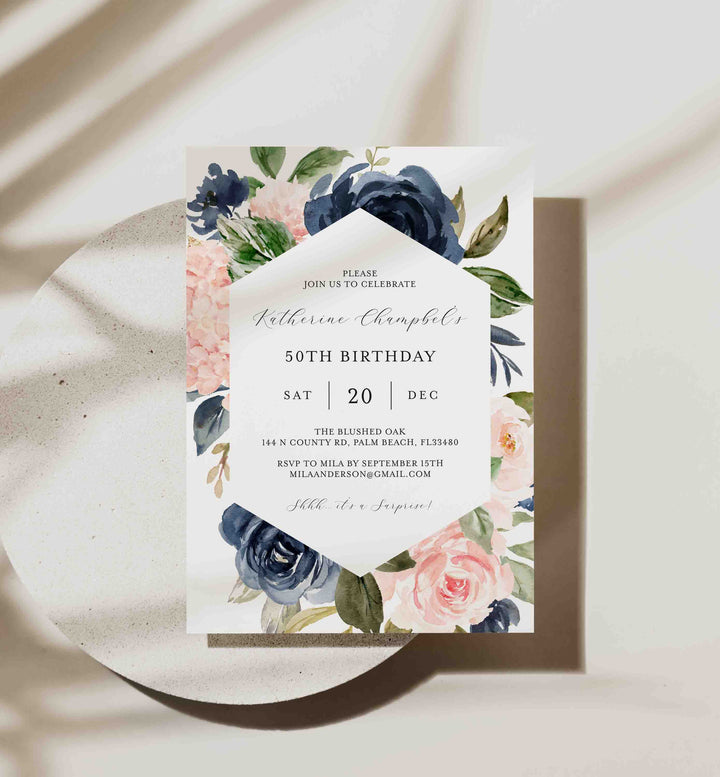 Navy Blush Adult Birthday Invitation Printable