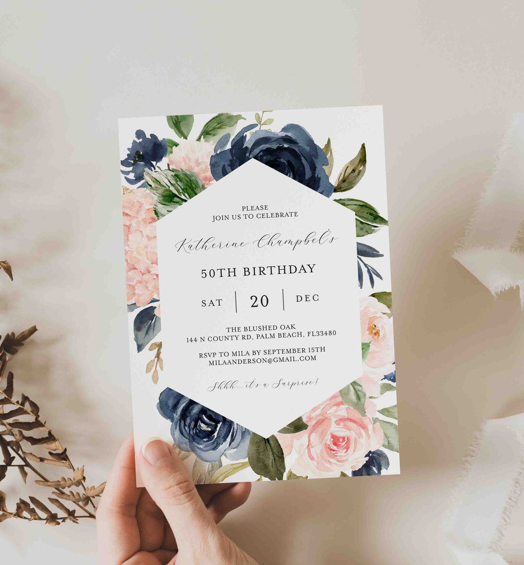 Navy Blush Adult Birthday Invitation Printable