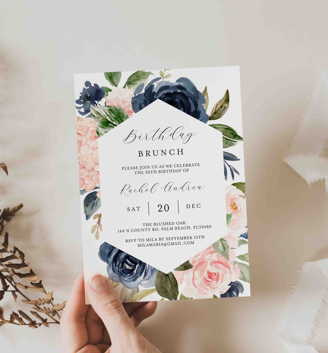 Navy Blush Birthday Brunch Invitation Printable