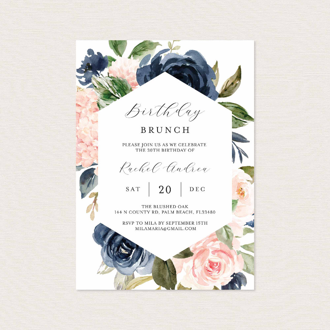 Navy Blush Birthday Brunch Invitation Printable