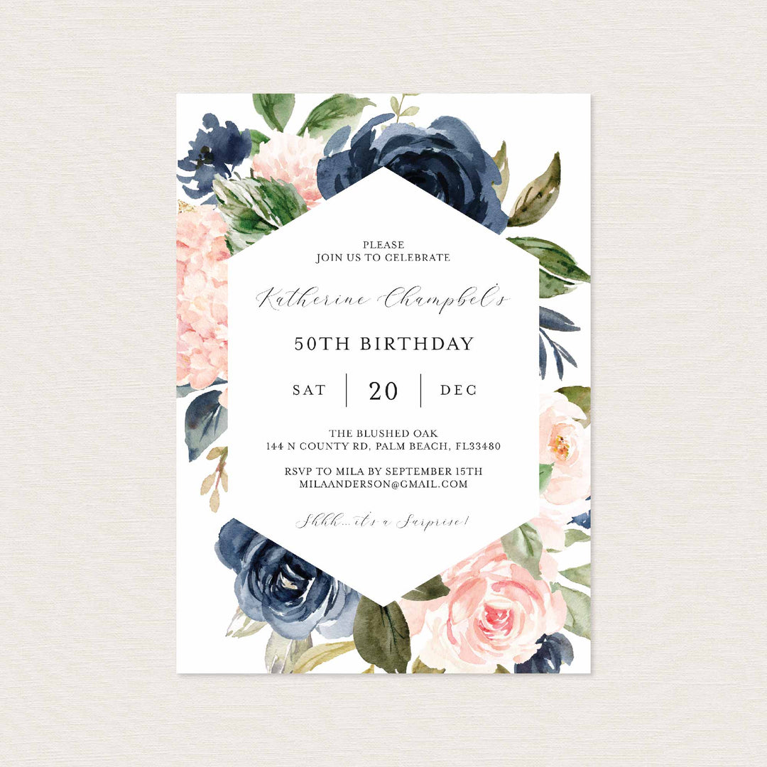 Navy Blush Adult Birthday Invitation Printable