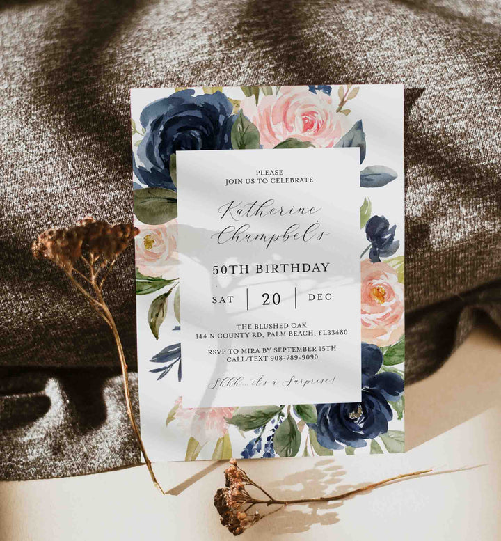 Navy Blush Adult Birthday Invitation Printable