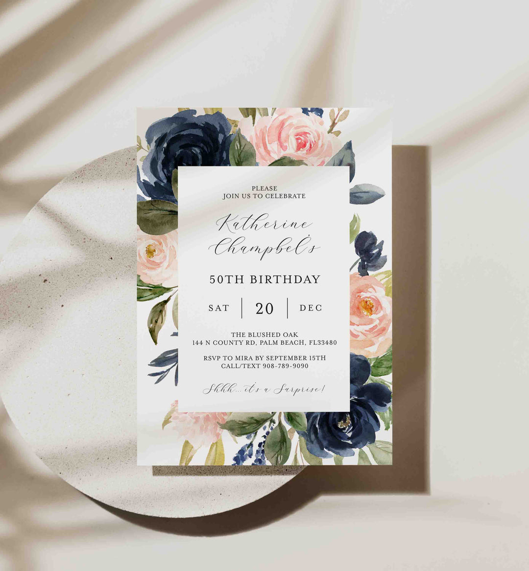 Navy Blush Adult Birthday Invitation Printable