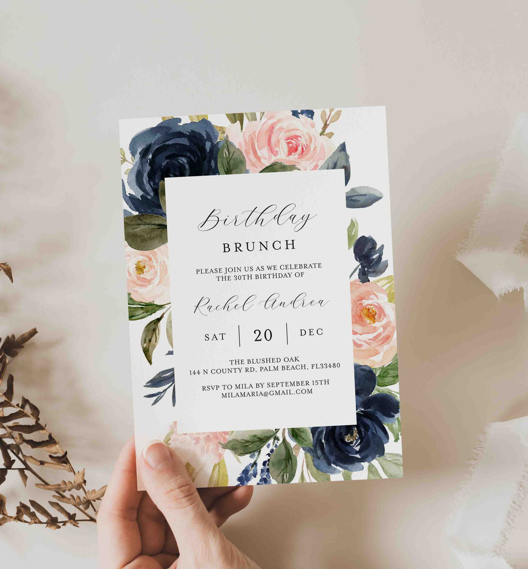 Navy Blush Birthday Brunch Invitation Printable