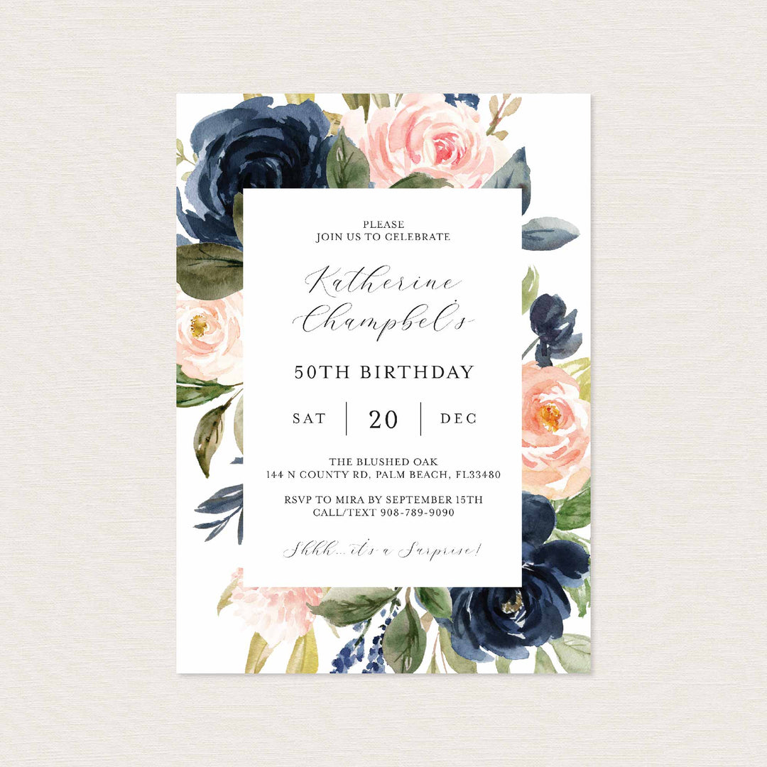 Navy Blush Adult Birthday Invitation Printable