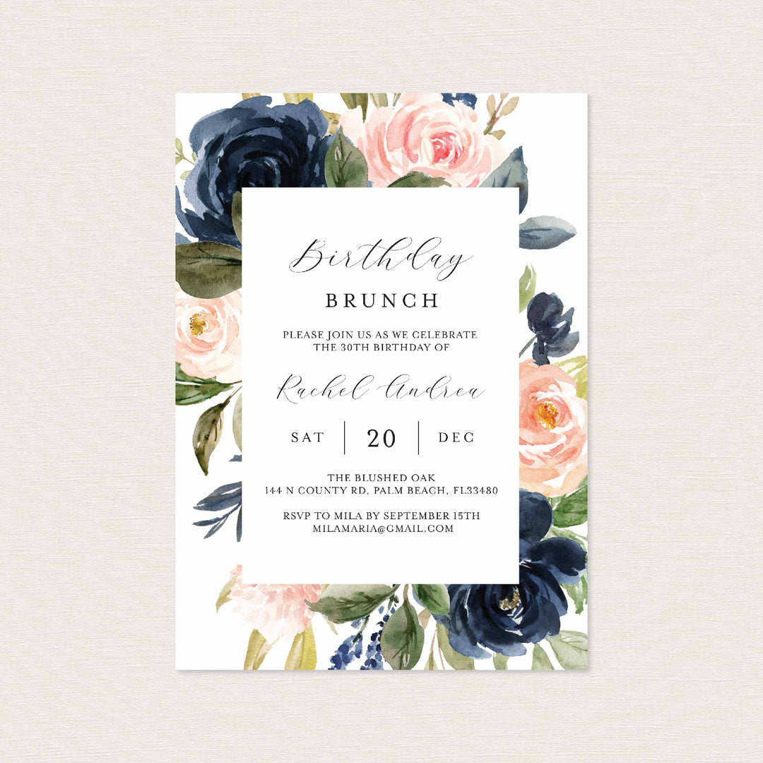 Navy Blush Birthday Brunch Invitation Printable