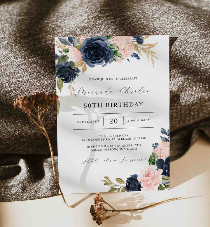 Navy Blush Adult Birthday Invitation Printable