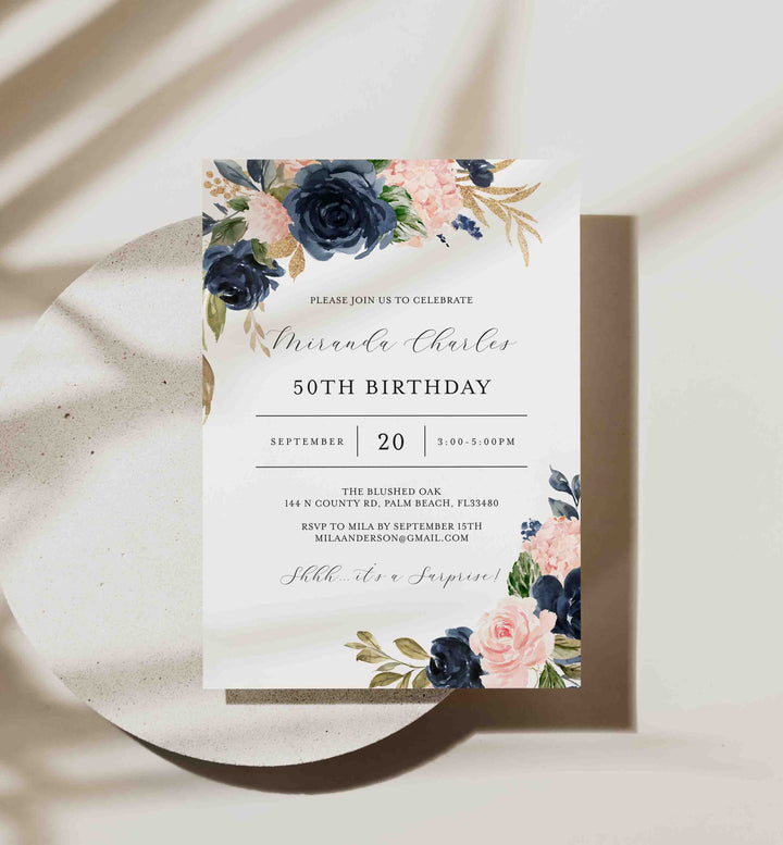 Navy Blush Adult Birthday Invitation Printable