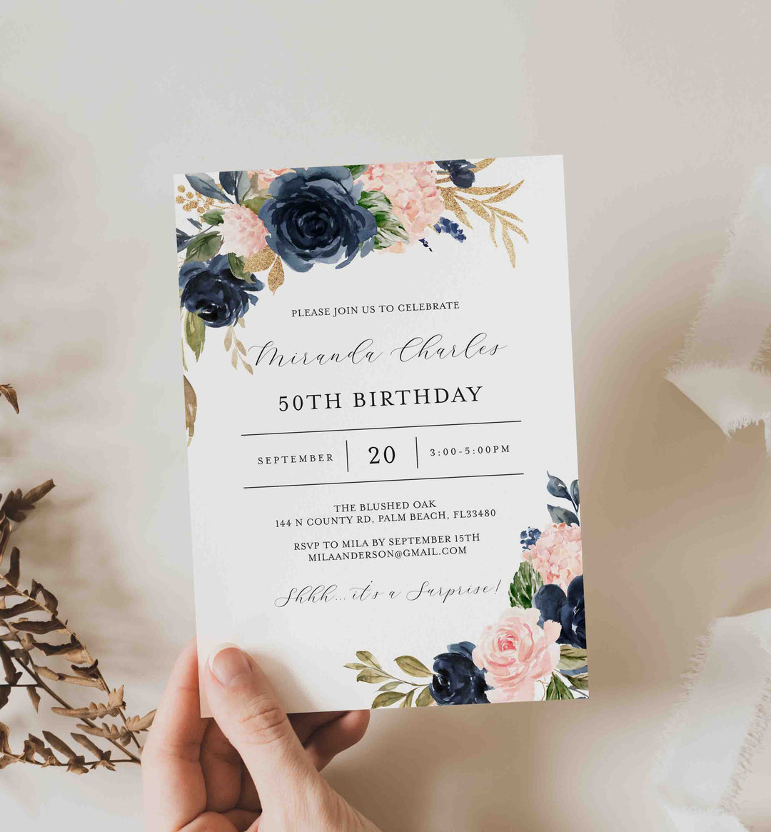 Navy Blush Adult Birthday Invitation Printable