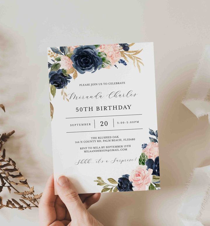 Navy Blush Adult Birthday Invitation Printable