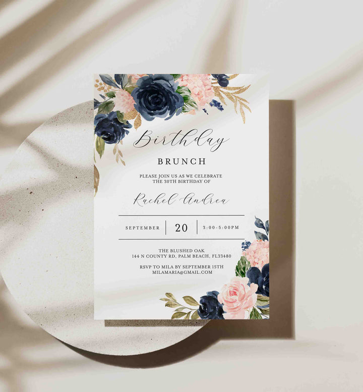 Navy Blush Birthday Brunch Invitation Printable