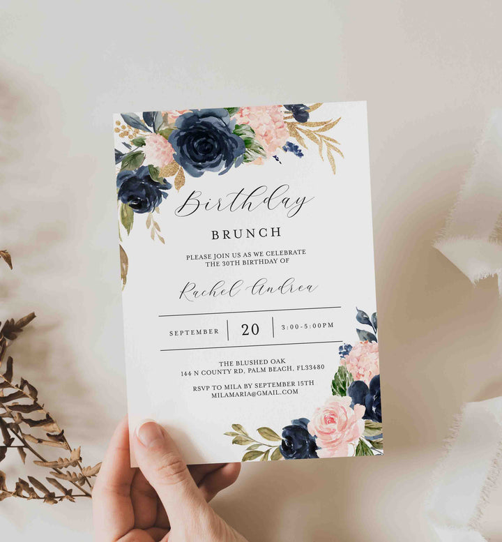 Navy Blush Birthday Brunch Invitation Printable