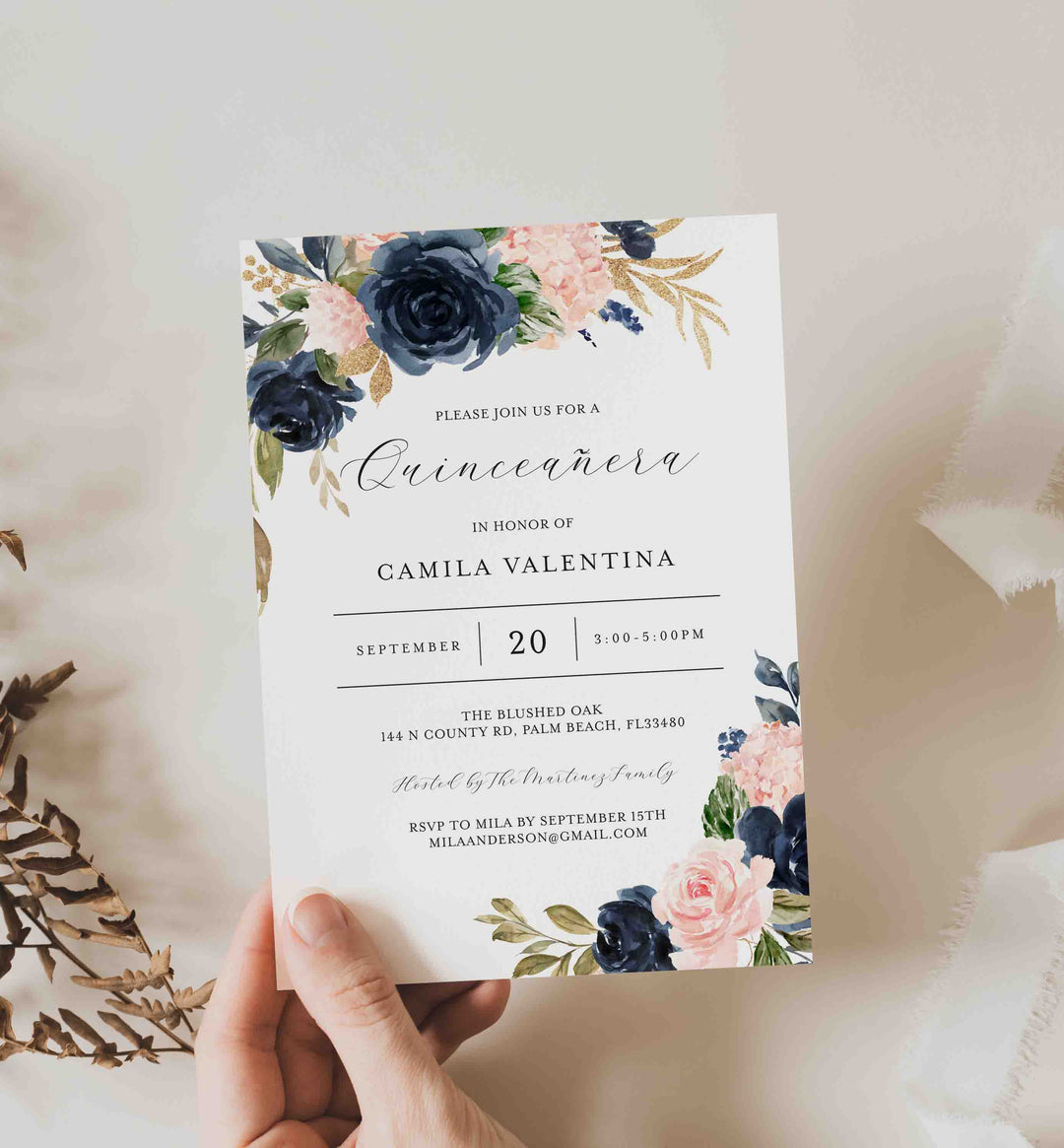 Navy Blush Quinceañera Invitation Printable