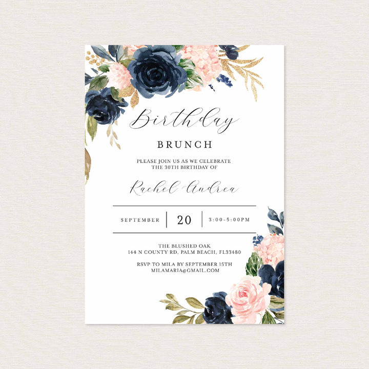 Navy Blush Birthday Brunch Invitation Printable