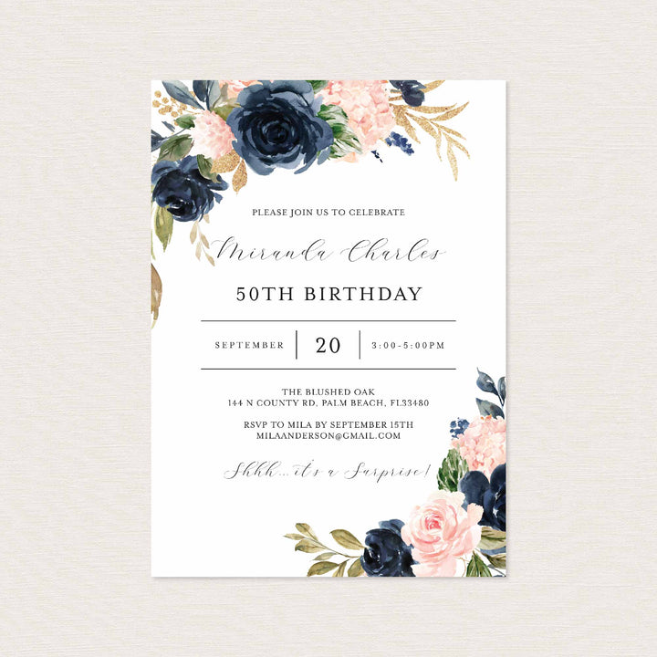 Navy Blush Adult Birthday Invitation Printable