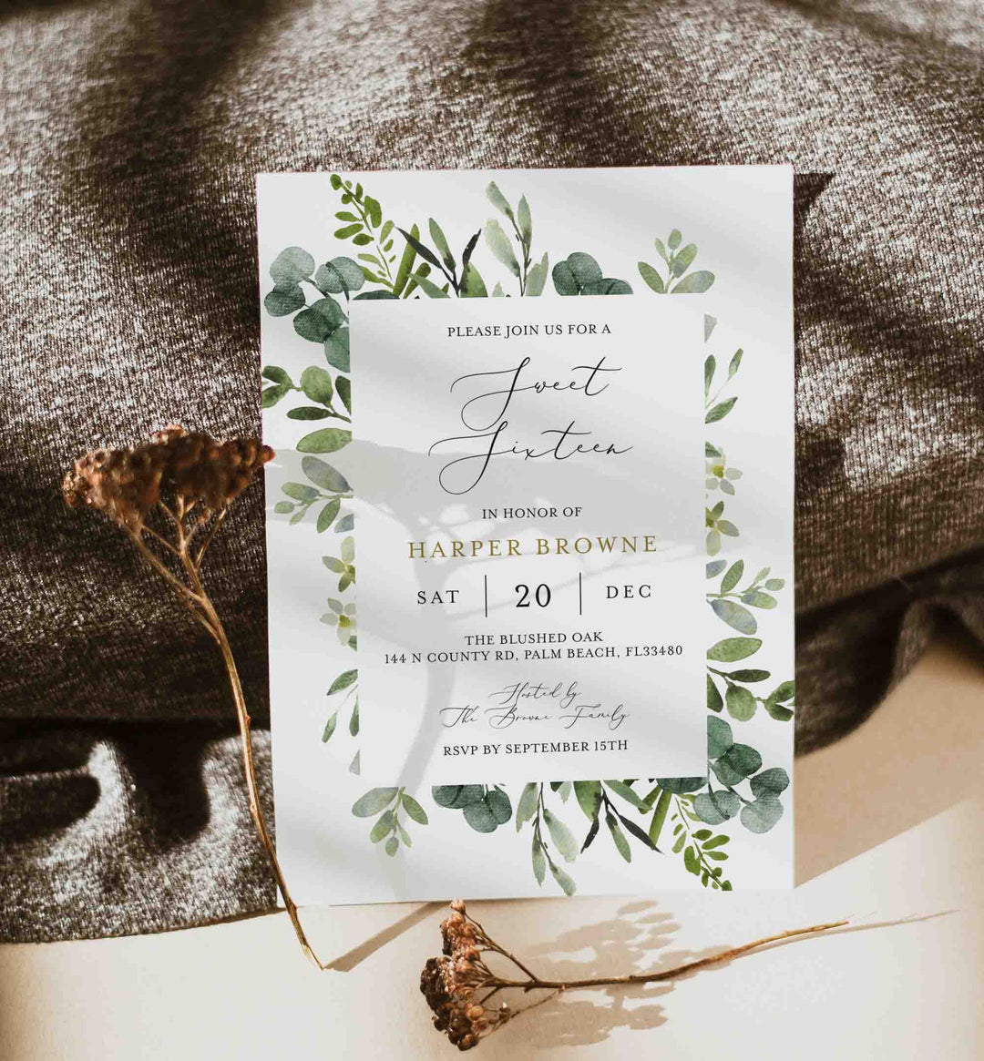 Foliage Sweet 16 Birthday Invitation Printable