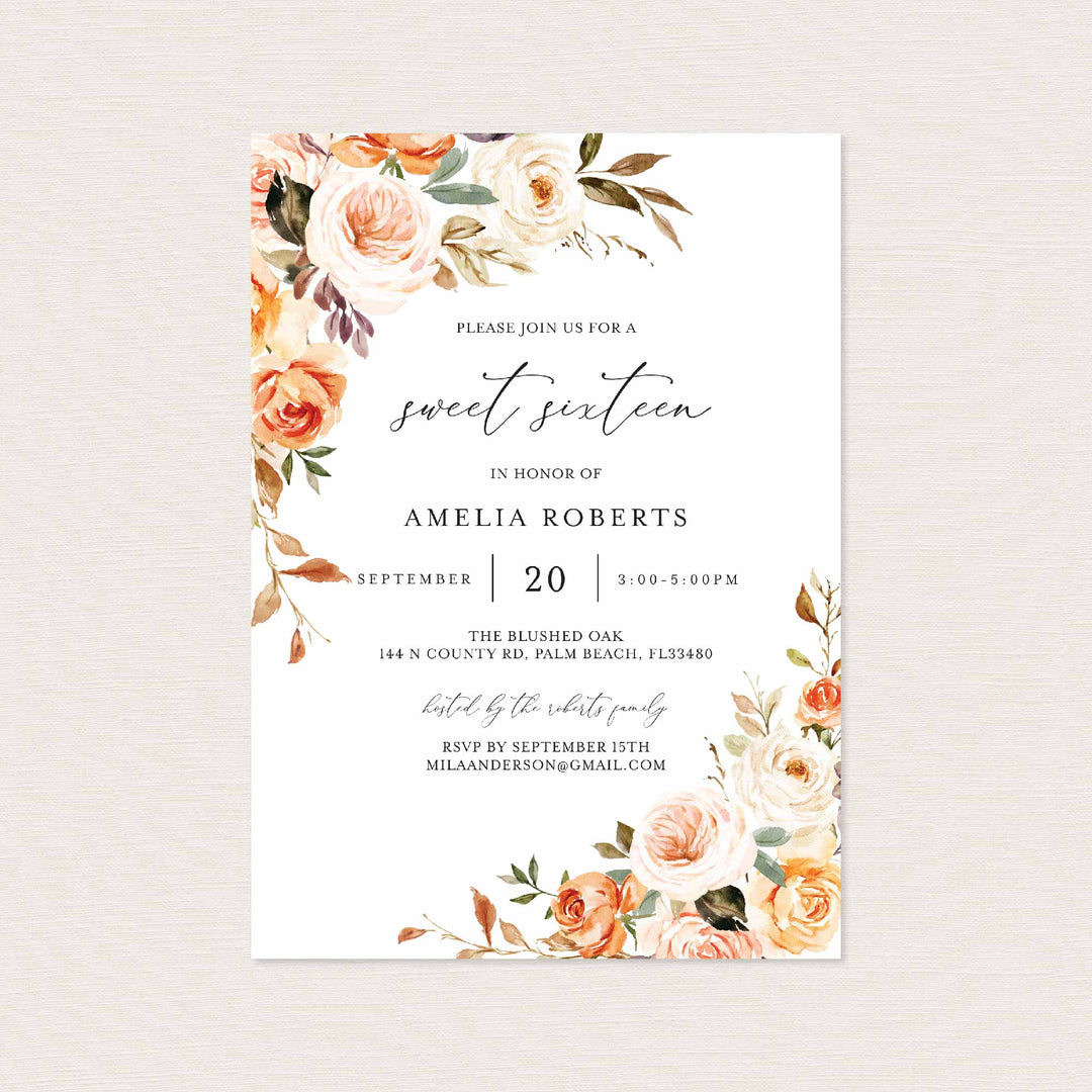 Autumn Garden Sweet 16 Birthday Invitation Printable