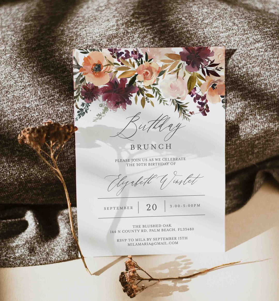 Romance Blush Birthday Brunch Invitation Printable