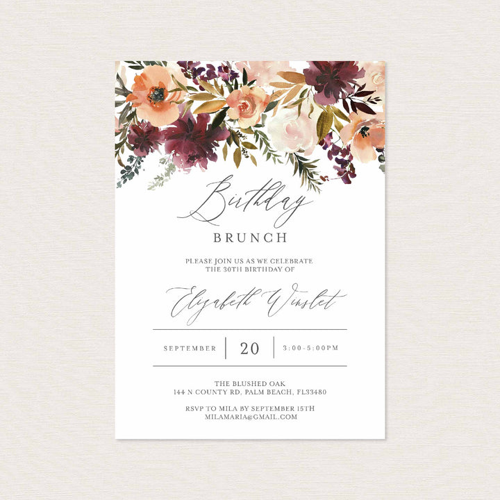 Romance Blush Birthday Brunch Invitation Printable