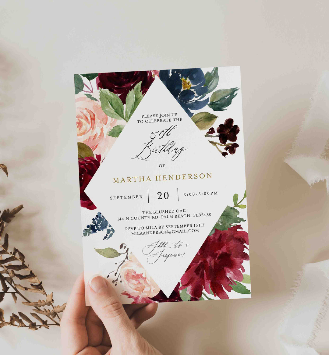 Burgundy Navy Adult Birthday Invitation Printable