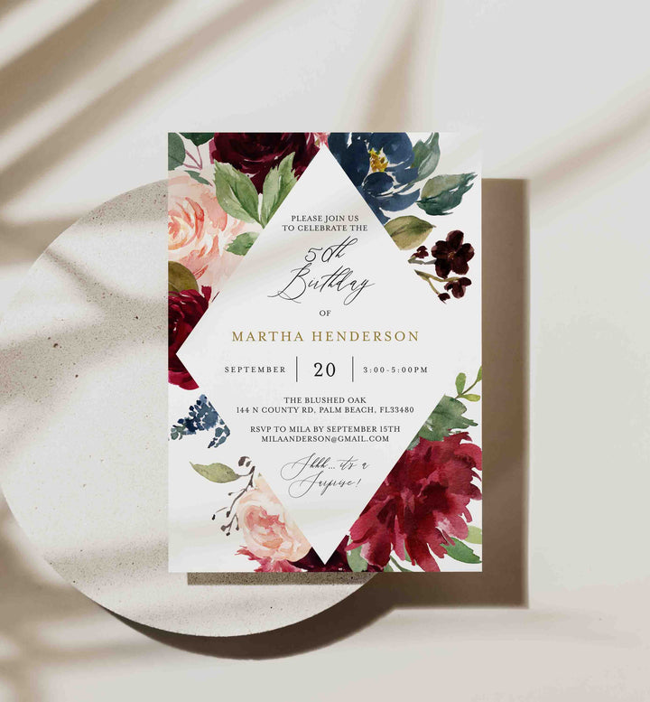 Burgundy Navy Adult Birthday Invitation Printable