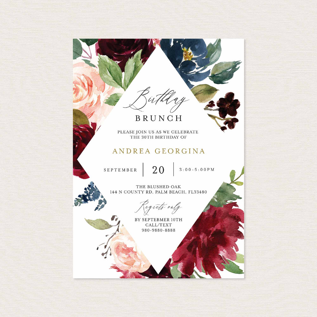 Burgundy Navy Birthday Brunch Invitation Printable