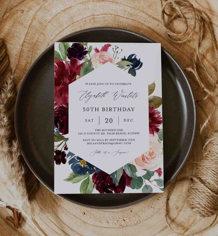 Burgundy Navy Adult Birthday Invitation Printable