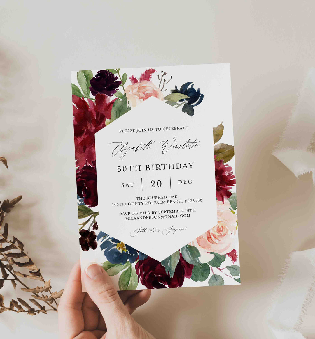 Burgundy Navy Adult Birthday Invitation Printable