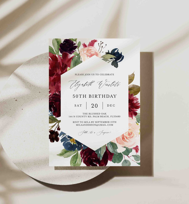 Burgundy Navy Adult Birthday Invitation Printable