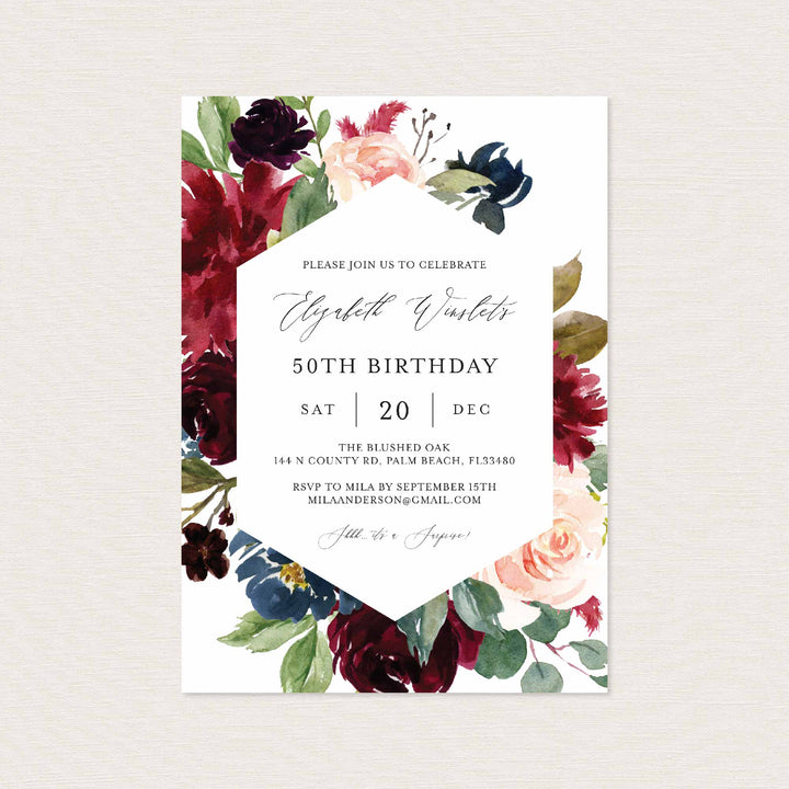 Burgundy Navy Adult Birthday Invitation Printable