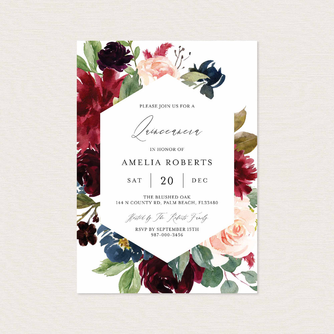 Burgundy Navy Quinceañera Invitation Printable