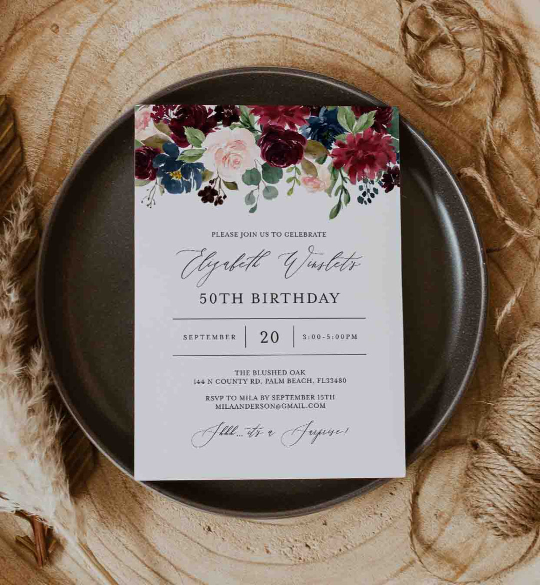 Burgundy Navy Adult Birthday Invitation Printable