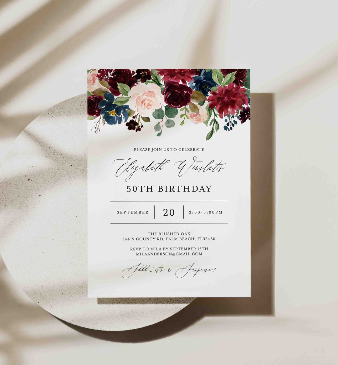 Burgundy Navy Adult Birthday Invitation Printable