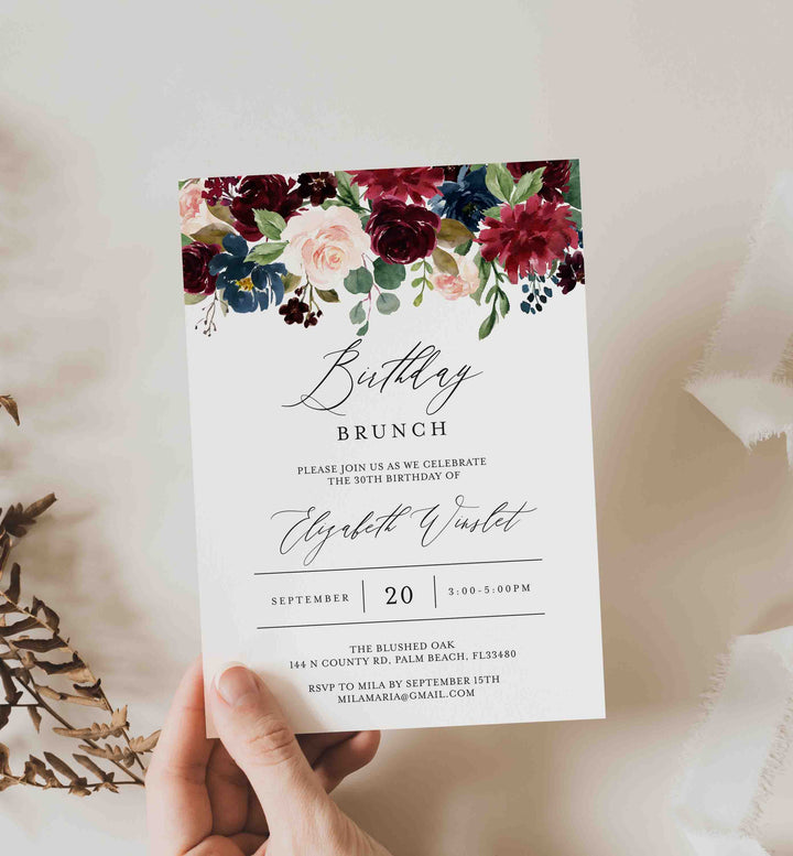 Burgundy Navy Birthday Brunch Invitation Printable