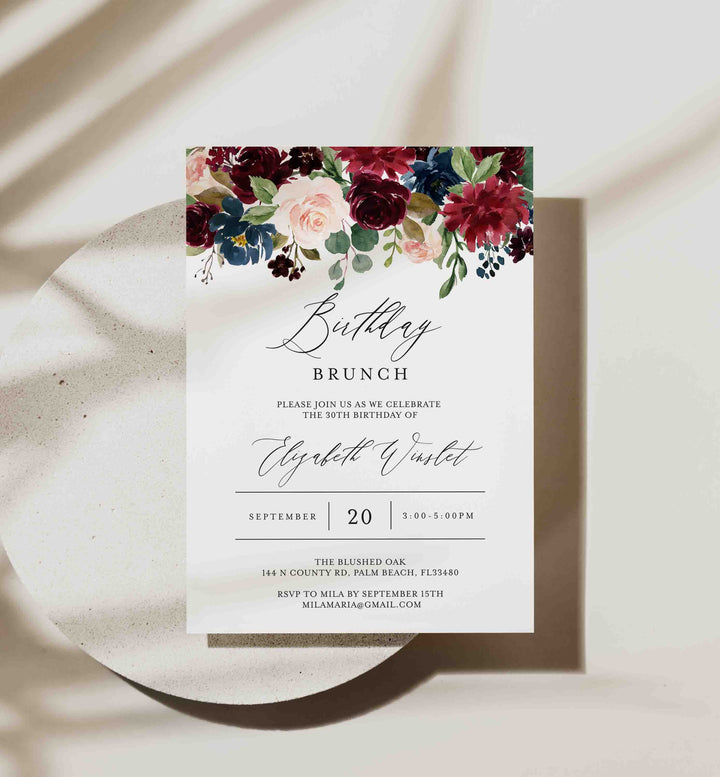 Burgundy Navy Birthday Brunch Invitation Printable