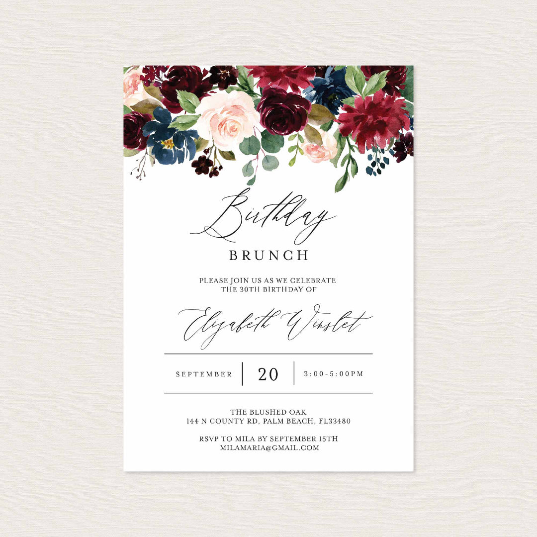 Burgundy Navy Birthday Brunch Invitation Printable