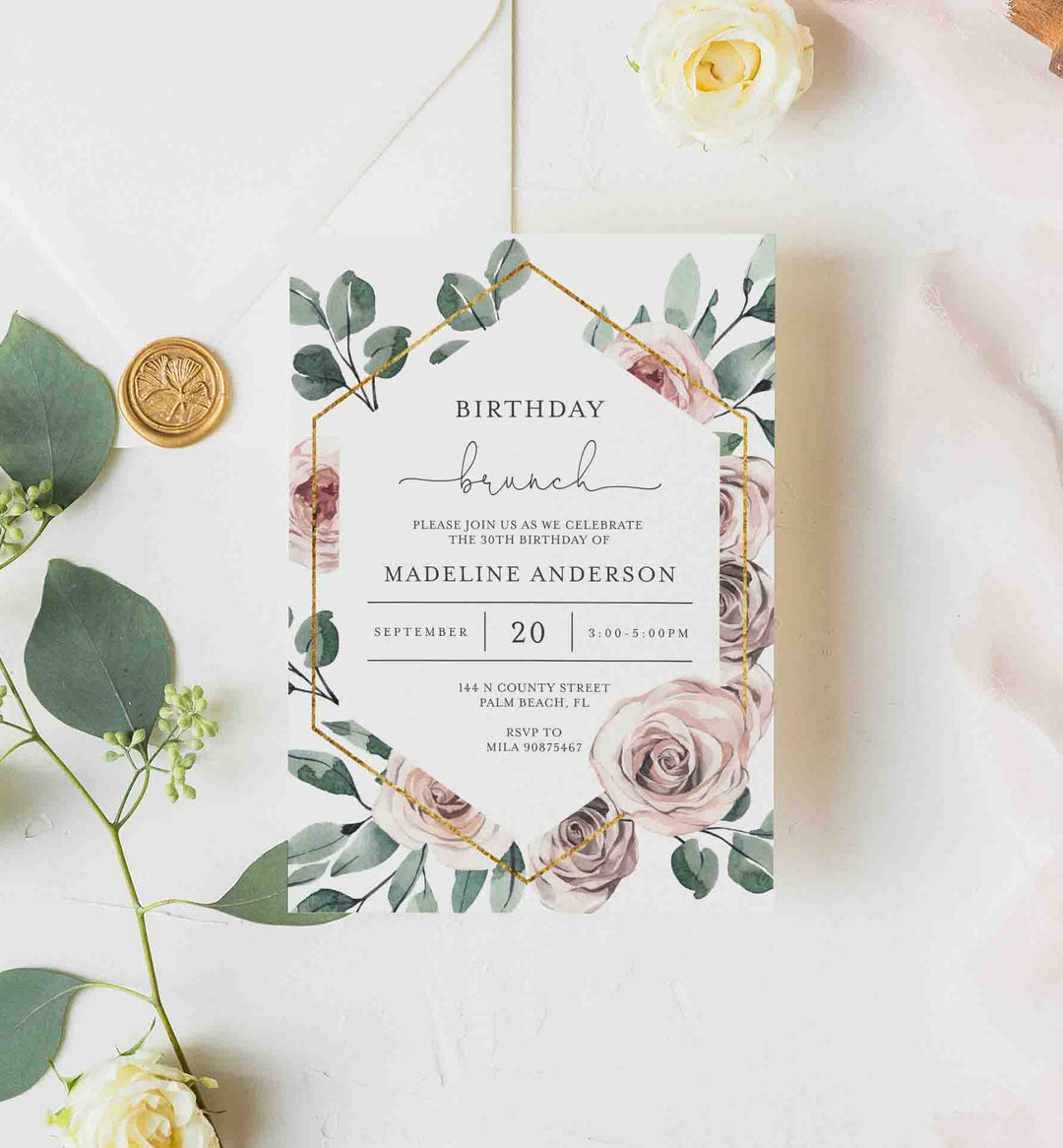 Boho Rose Birthday Brunch Invitation Printable