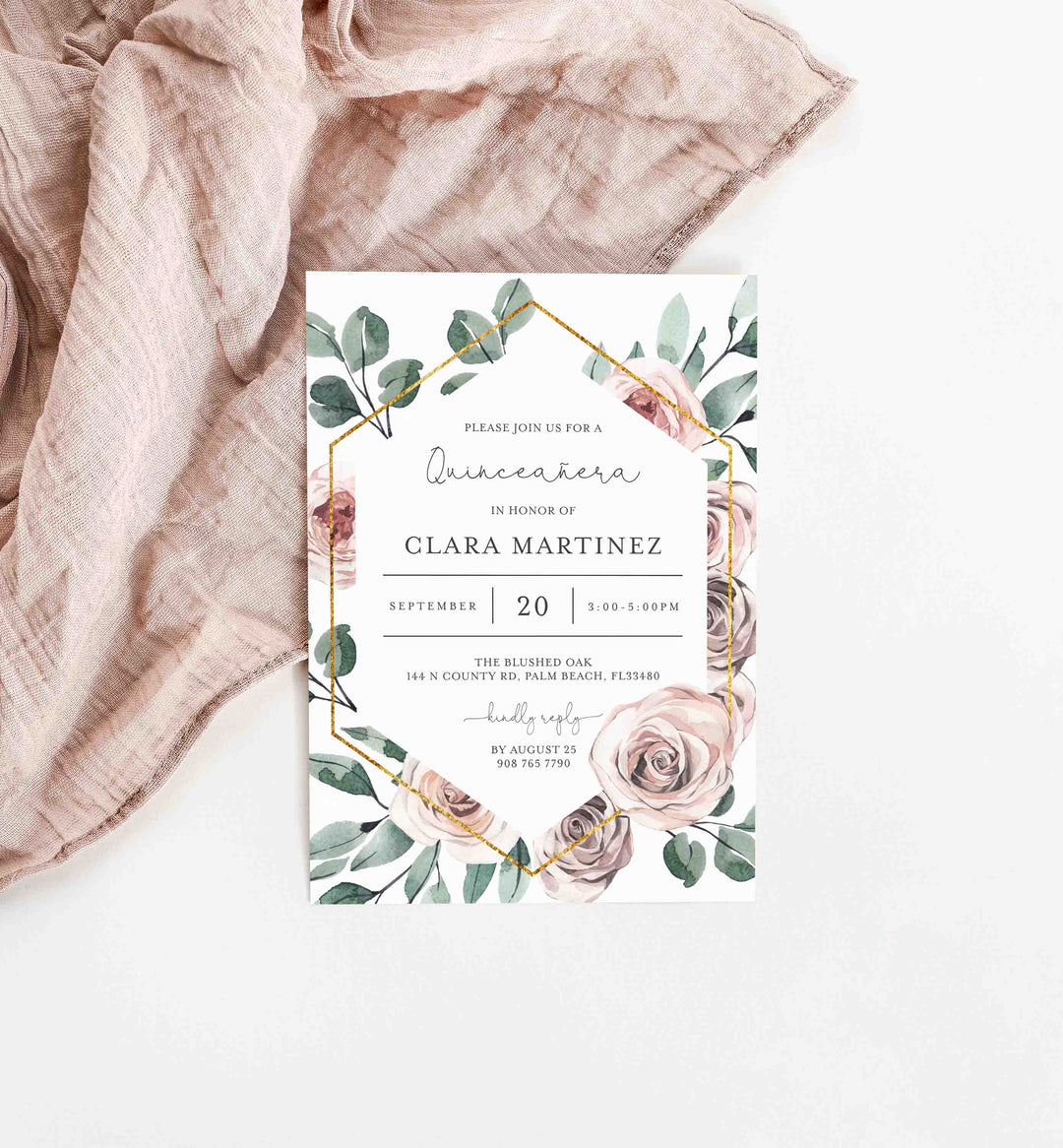 Boho Rose Quinceañera Invitation Printable