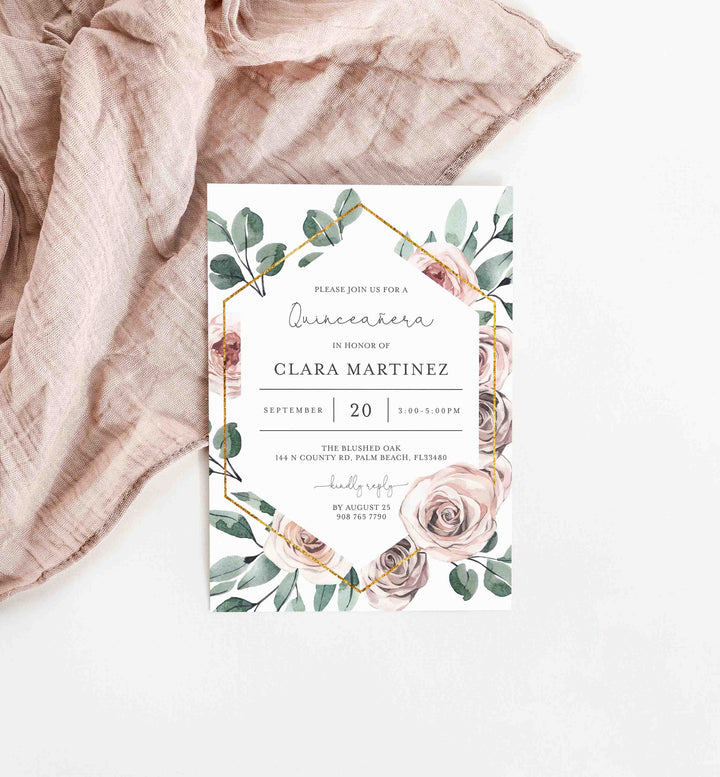 Boho Rose Quinceañera Invitation Printable