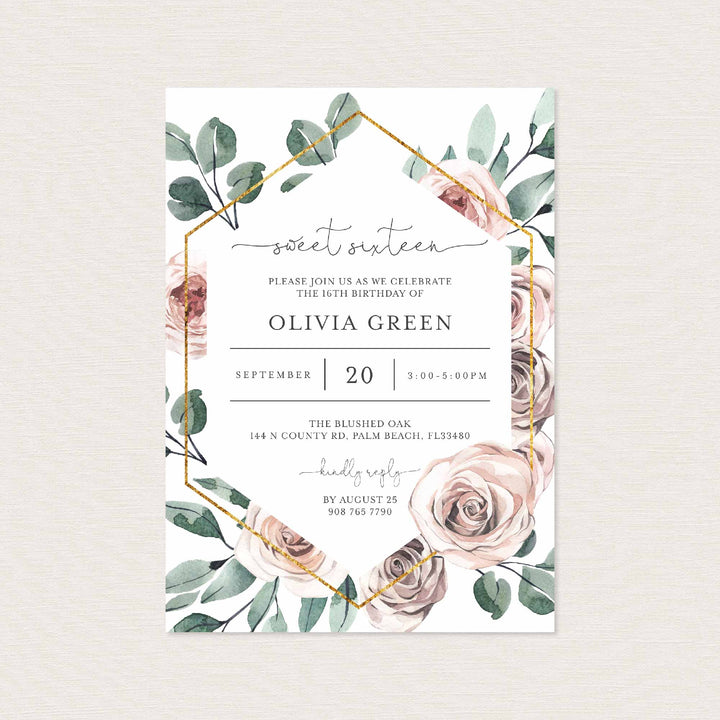 Boho Rose Sweet 16 Birthday Invitation Printable