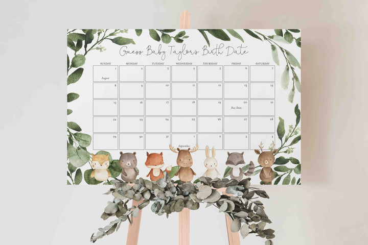 Woodland Friends Baby Shower Due Date Calendar Printable